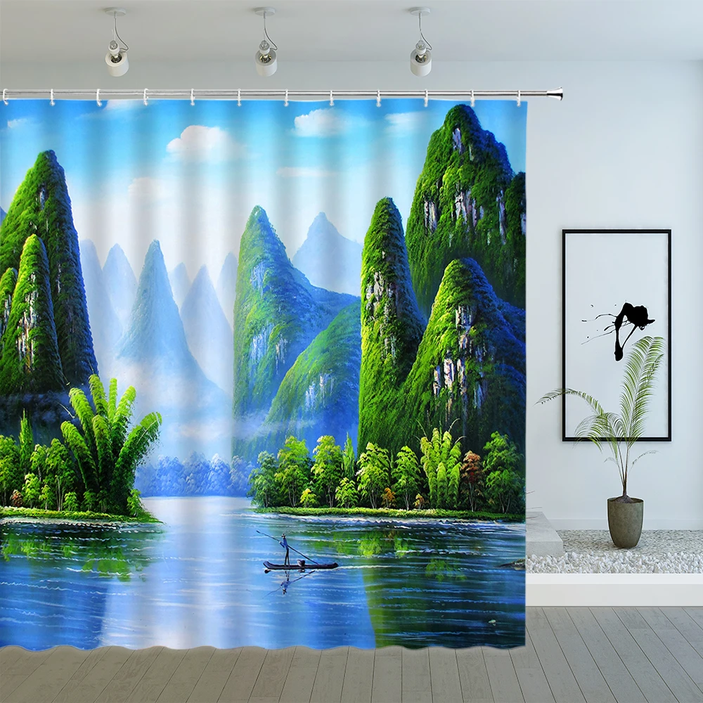 

Mountains Forest River Shower Curtain Summer Jungle Foliage Plant Natural Scenery Cloth Fabric Bathroom Screen with Hooks Decor