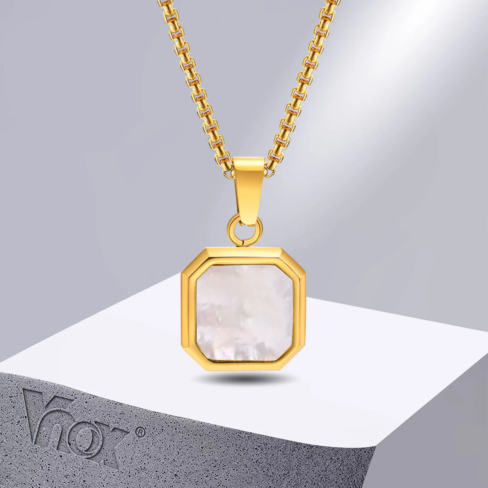 

Vnox Mens Necklaces, Geometric Square Natural Stone Shell Pendant, Black Gold Color Stainless Steel Collar