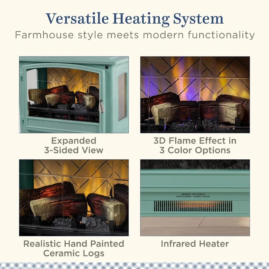 Infrared Freestanding Electric Fireplace Stove Heater in Mineral Blue with Metal Design and Faux Wooden Logs Multiple Flame Col