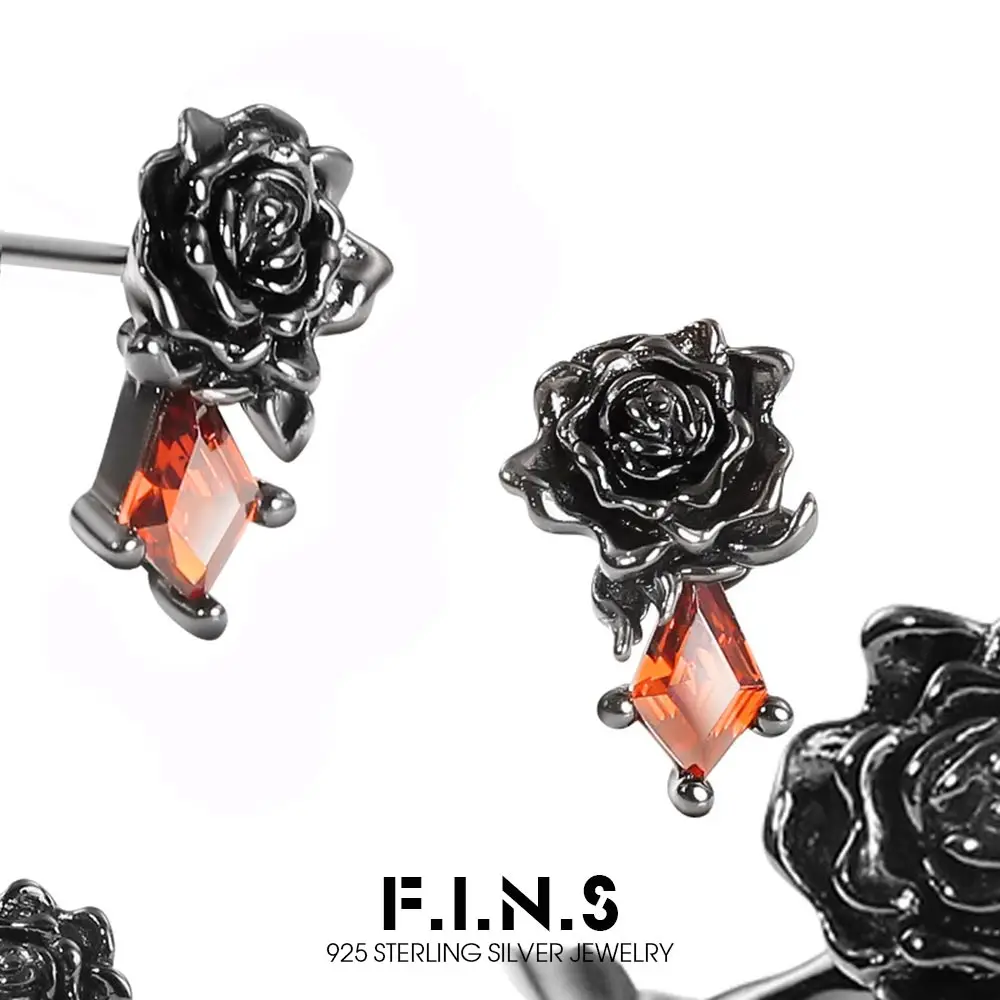 

F.I.N.S Ретро старые серьги-гвоздики из стерлингового серебра 925 пробы с черной розой, женские маленькие красные циркониевые серьги для пирсинга ушей, ювелирные аксессуары