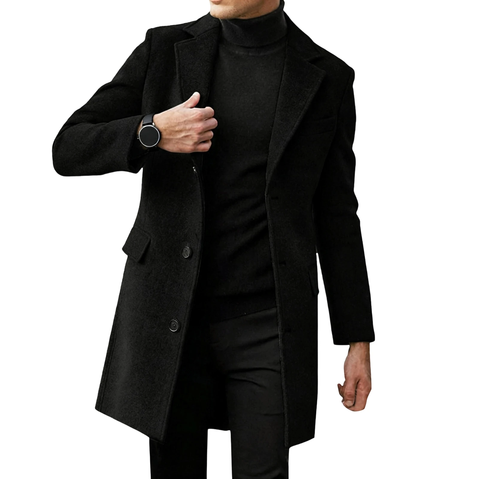 

Men s Mid-Length Wool Overcoat Long Sleeve Lapel Solid Color Trench Coat Winter Outerwear