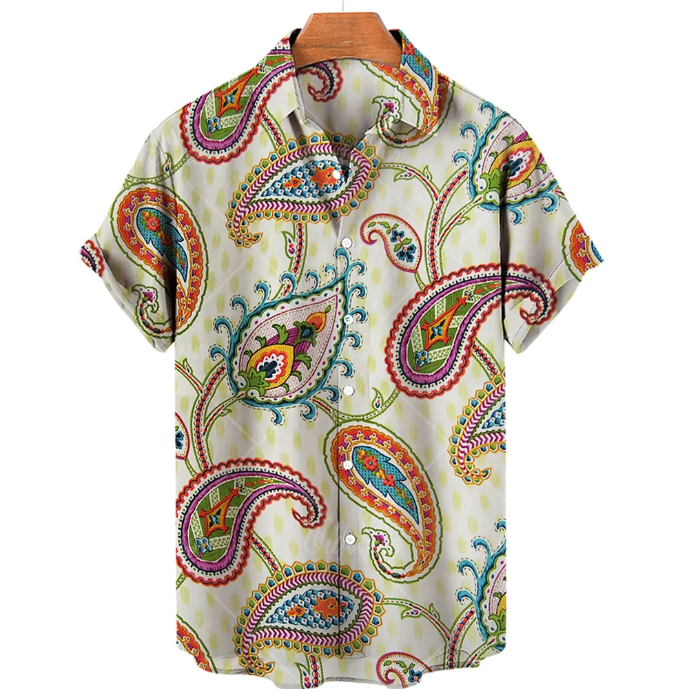 Vintage Ethnic Style Colorful Cashew Flower Printed Short Sleeved Shirt for Men with A Niche Atmosphere and Casual Floral Shirt