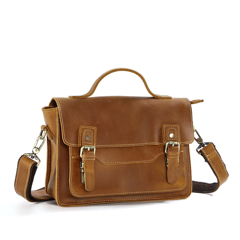 Men's Vintage Crazy Horse Leather Messenger Bag - Top-Grain Cowhide Crossbody Shoulder Bag, Retro Euro-American Style Square Bri