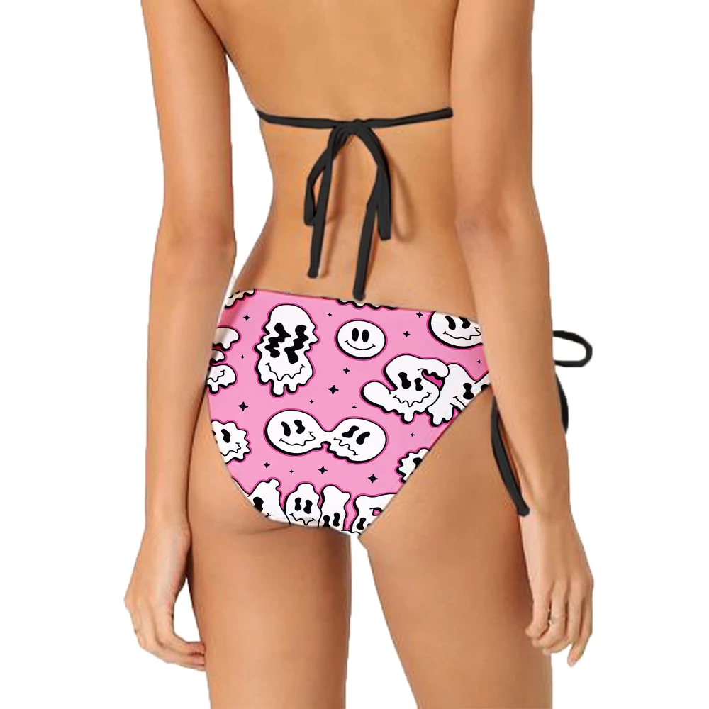 Hot sale skull print bikini set pink blue purple swimsuit two-piece sexy lace-up swimsuit mid-waist chest pad detachable