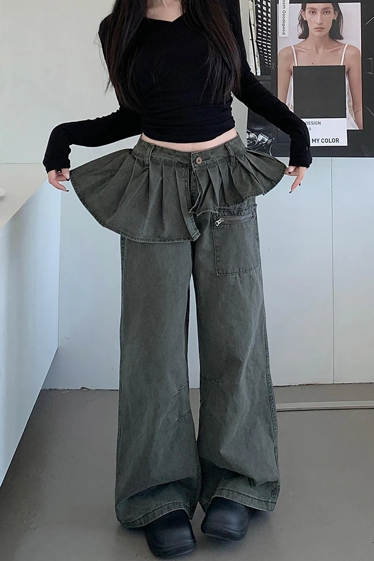 FIGOHR Korean Vintage Pleated Skirt Cover Jeans Y2k High Waist Baggy Denim Pants women high street Wide Leg Trousers