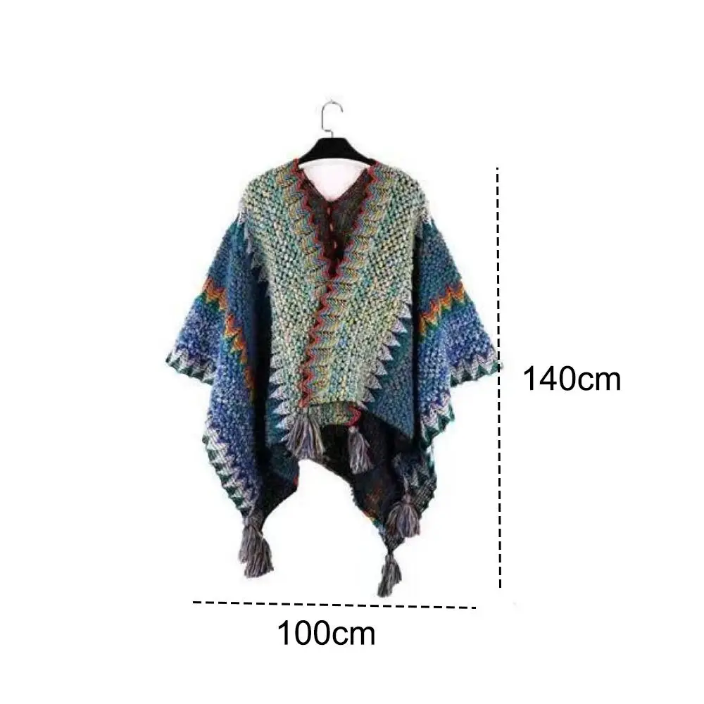 เสื้อคลุมสไตล์โบฮีเมียนมองโกเลียลายทาง ผ้าพันคอพู่ห้อย ผ้าโพลีเอสเตอร์ อุ่นสบายสำหรับฤดูหนาว เสื้อคลุมถักไหมพรม