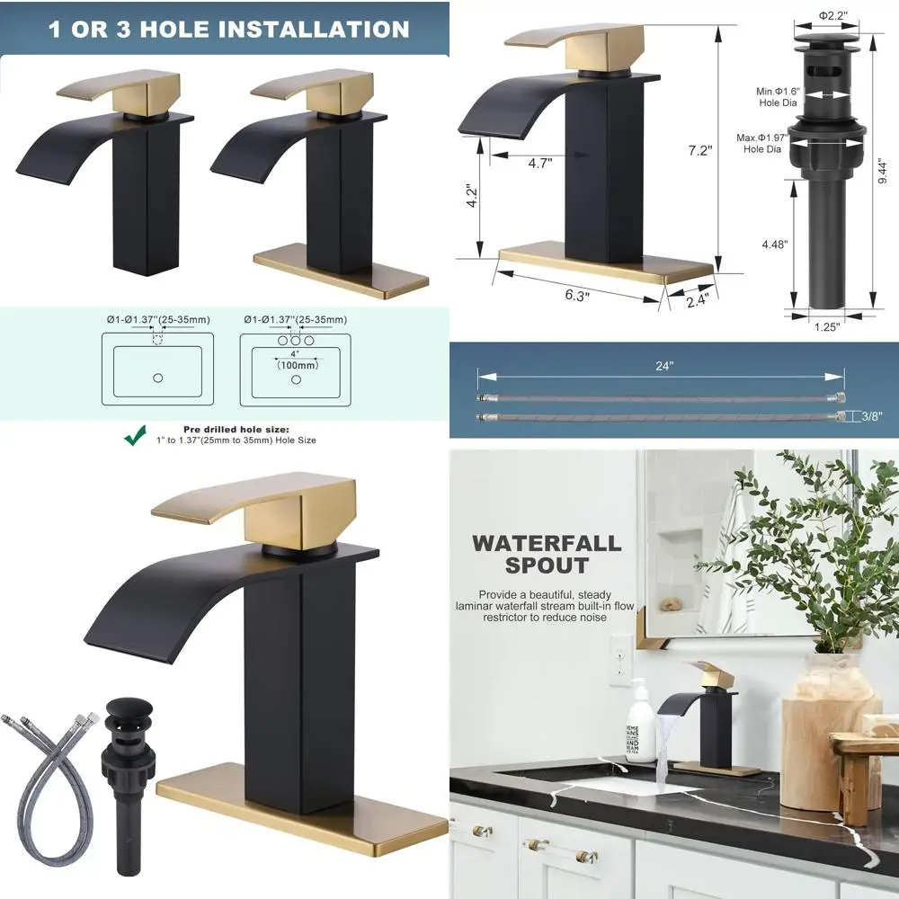 

Single Handle Waterfall Bathroom Sink Faucet with Pop-Up Drain, Deck Plate, 1 or 3 Hole Options