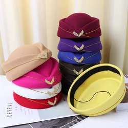 Fashion Wool Felt Pillbox Air Hostesses Beret Hat Sexy Formal Uniform Hat Base Cap Airline Stewardess Caps Accessory