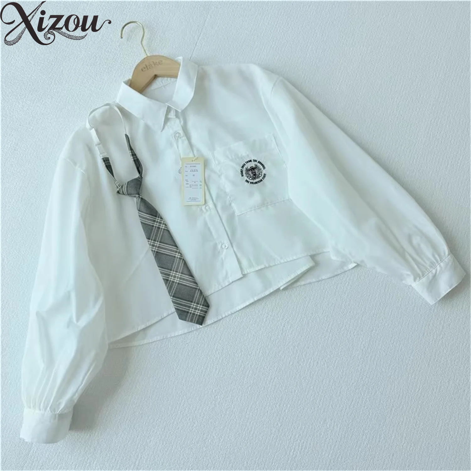 

2025 Autumn Spring Women Japanese JK American Preppy French Blue Shirt Pleated Pocket Tie Loose Badge Button White Solid Color