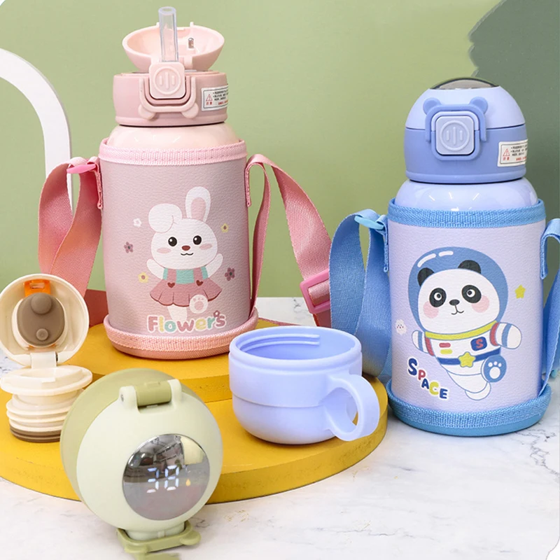 realme Thermal Water Bottle Cartoon Smart Temperature Measurement Bounce Cover Straight Drink Lock Buckle Children Vacuum