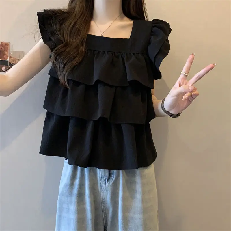 Women's 2024 Summer New Shirts Fashion Chic Spliced Ruffles Short Solid Square Collar Drawstring Sleeveless Chiffon Blouses Tops