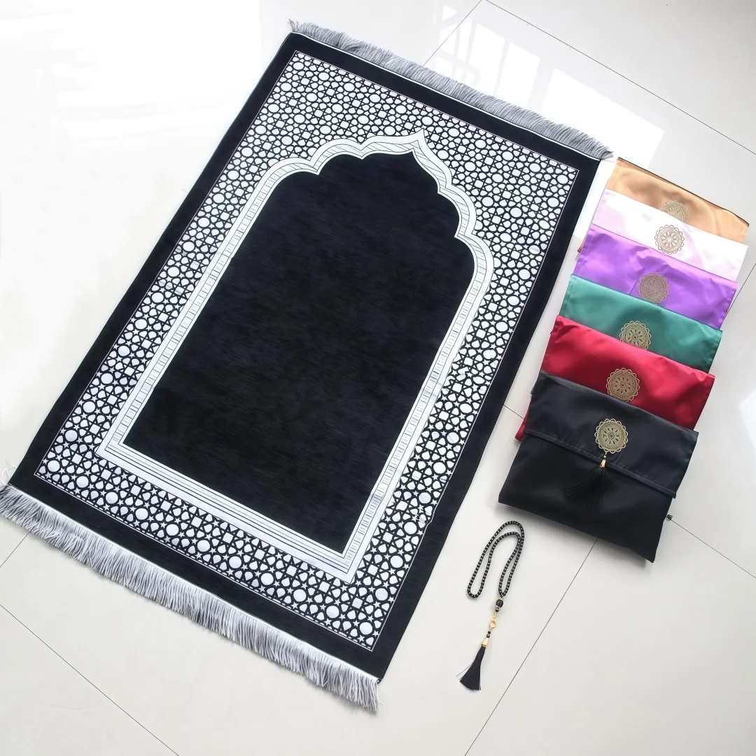 Chenille bag prayer mat, thickened high-density chenille mat strap, portable handbag with 99-bead artificial pearl prayer beads