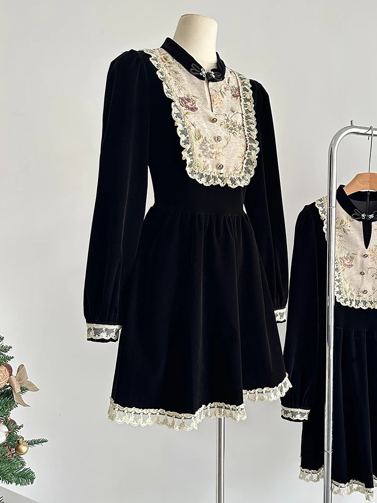 Autumn French Vintage Velvet Long Sleeve Mori Girl Women 2000s Aesthetic Old Money Embroidery Frocks Evening One-Piece Elegant