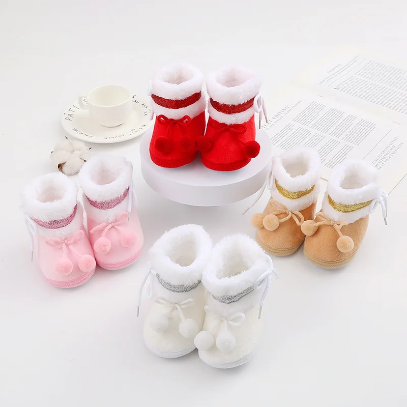 Baby Boots Solid Pompom Winter Plush Snow Booties for Newborn Boys Girls Soft Comfortable Warming Shoes