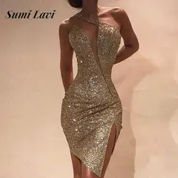 Elegant Ladies Sleeveless Irregular Designer Dress Sexy Slant Neck Sequin Hip Wrap Dress Fashion One Shoulder Slim Split Dresses