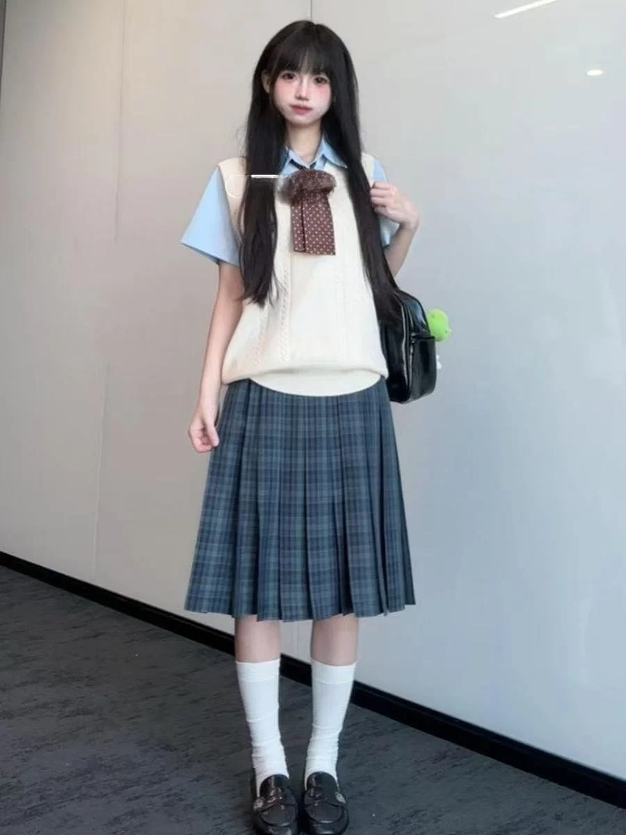

Korean Sle orm Skirt Set High Waist Midi Plaid A-Line Skirt with Bow Decorations for Women Autumn Season Faion