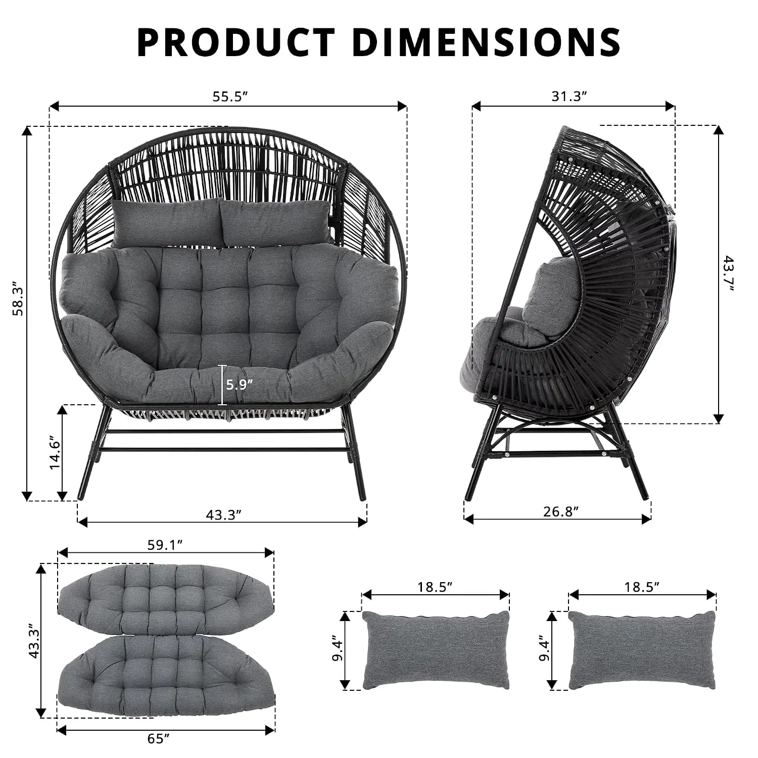 Double Wicker Egg Chair, Padded Cushions & Headrests, 680Lbs Loveseat For Patio Balcony Porch, Gray, Customized