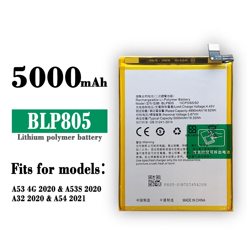 

5000mAh High Quality Replacement Battery For OPPO A53 2020 A32 A54 Phone BLP805 Large Capacity Built-in New Battery