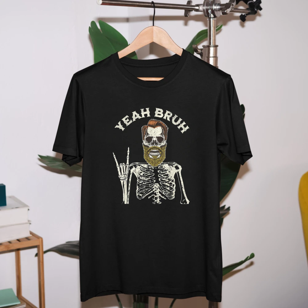 Yeah Bruh Bearded Skeleton Halloween Dude for Husband T-Shirt Chill Vibes Funny Skull Humor Unisex Streetwear Shirt Cotton Tees
