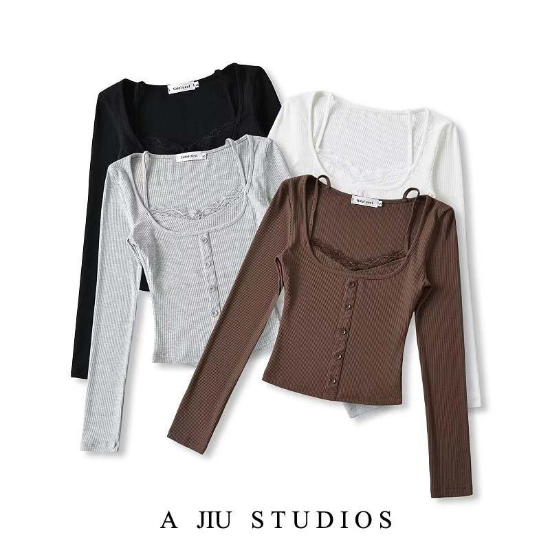 

Sweet Heart Hunting Lace Trim Strap Splice ort Sle Long Sve Slim Button Decor Base irt Top Street Sle Square Collar