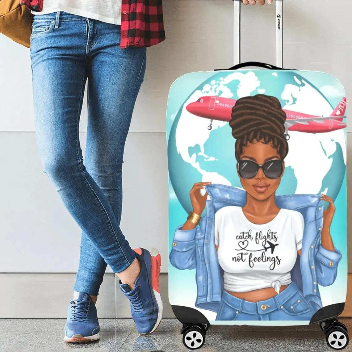 Catch Flights Not Feelings Black Girl African Luggage Cover black girl print luggage cover, afro black girl luggage cover