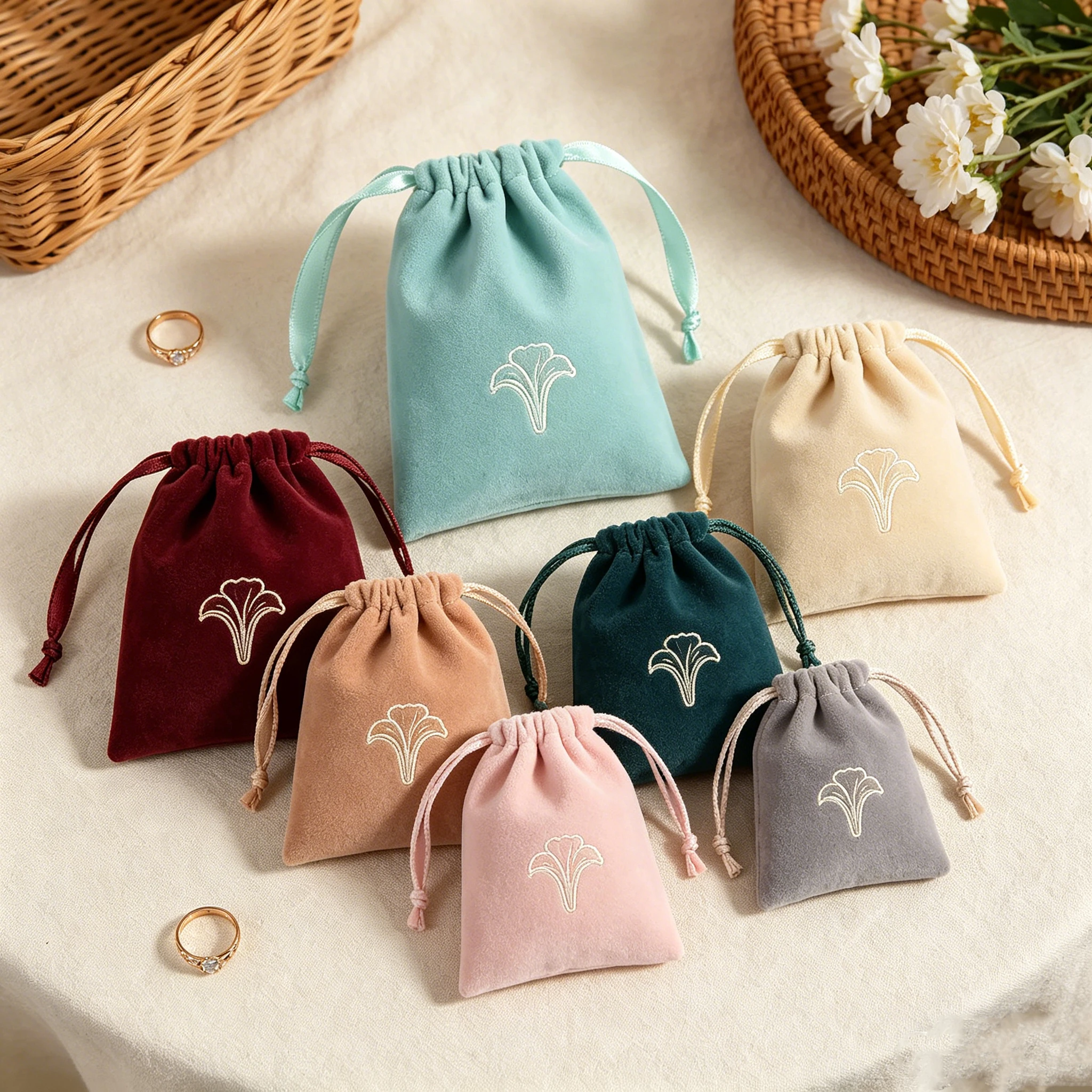 

100Pcs Personalized Logo Jewelry Packaging Bag Soft Velvet Drawstring Pouch Custom Print Text Cosmetic Perfume Earring Rings Bag