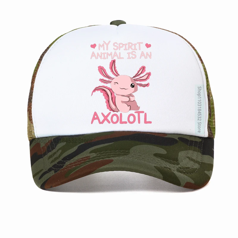 My Spirit Animal is Axolotl 남성 모자, 소년 소녀 도롱뇽 동물 야구 모자, 멋진 유니섹스 메쉬 트럭 운전사 모자