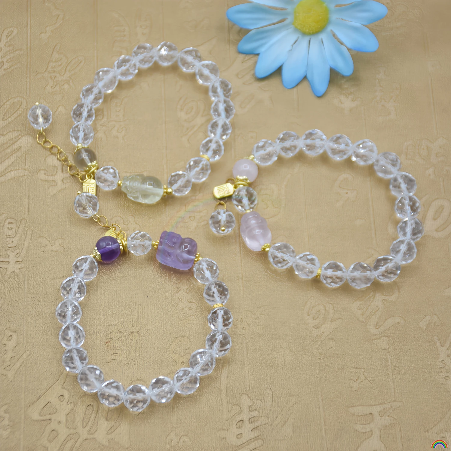 Natural white crystal cut surface amethyst yellow crystal powder crystal carving Pixiu single circle wealth bracelet Rwbuy
