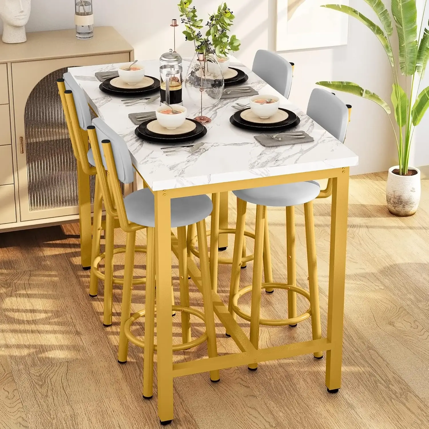 Bar Table Set for 4 with Faux Marble Counter Height & 4 PU Upholstered Stools, Gold and White, Space-Saving Kitchen Pub Table