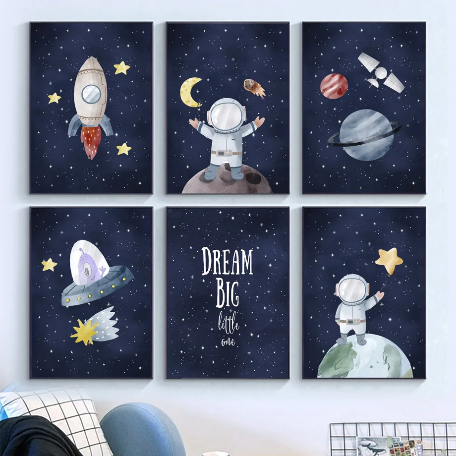 

Nursery Cartoon Rocket Astronaut Planet UFO Star Moon Wall Art Children's Print Posters For Kids Room Baby Decor Canvas Painting