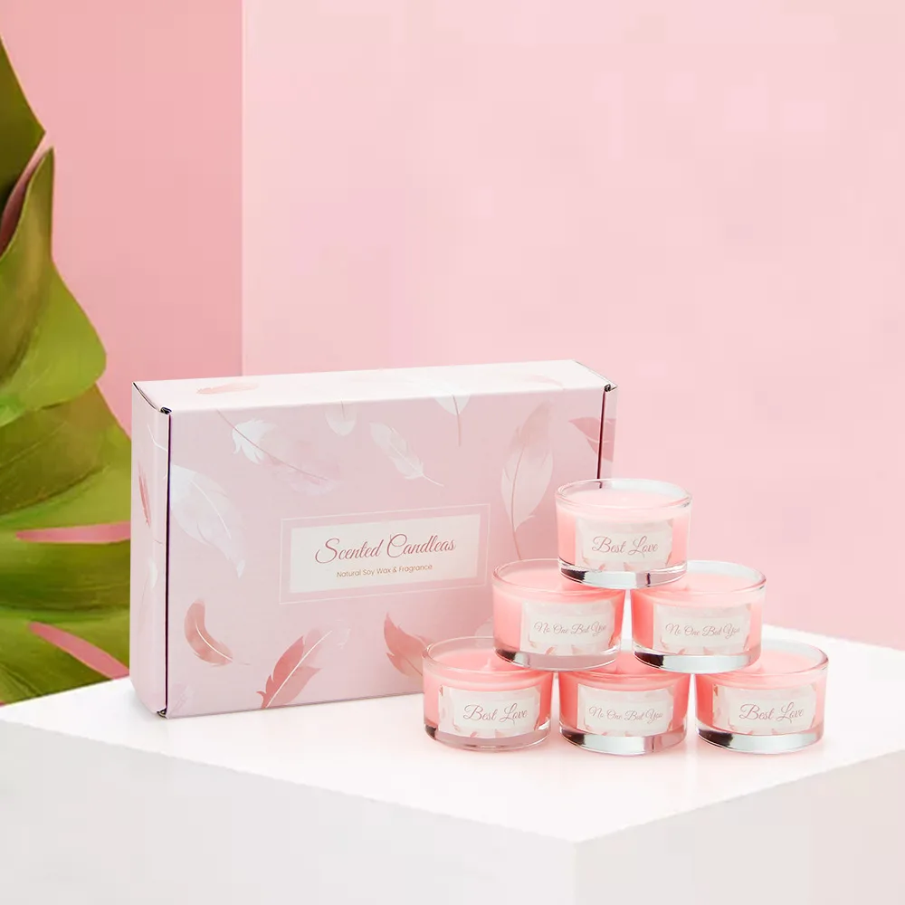 6pc/ Box Pink Tea Wax Gift Box Romantic Encounter Aromatherapy Candle Set Glass Cup Eco-friendly Smokeless Soy Wax