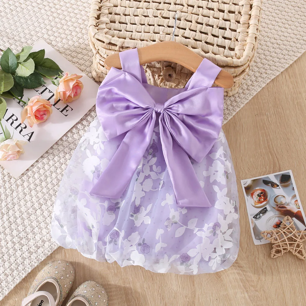 Summer 0-3 Girls\' Dress Baby Girl Full of Flower Printed Mesh Large Bow Princess Strap Lantern Dress