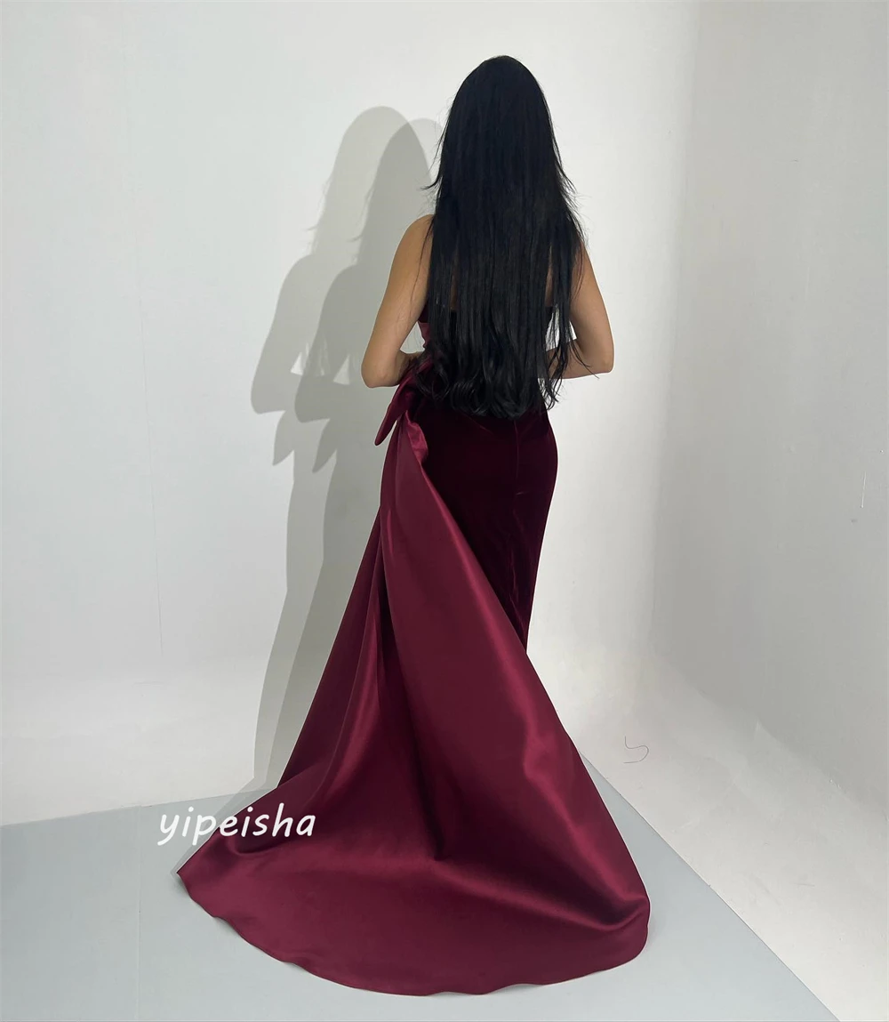 Vestido largo de terciopelo con lazo para cumpleaños, traje de sirena sin tirantes, a medida