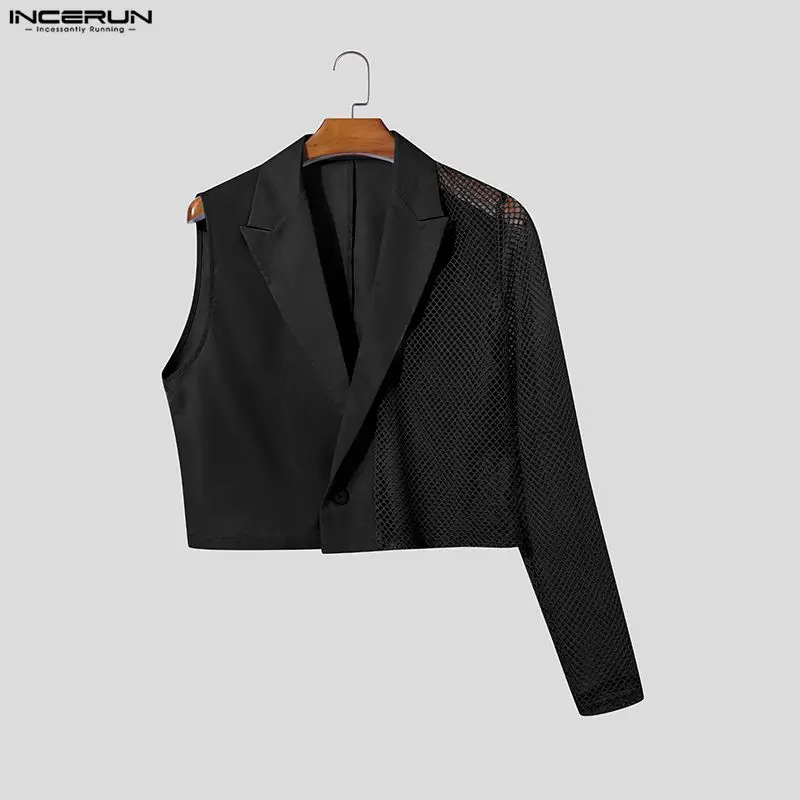INCERUN Men's Irregular Blazer Mesh Patchwork See Through Male Suit Streetwear One Button Asymmetrical Sleeve Casual Crop Blazer