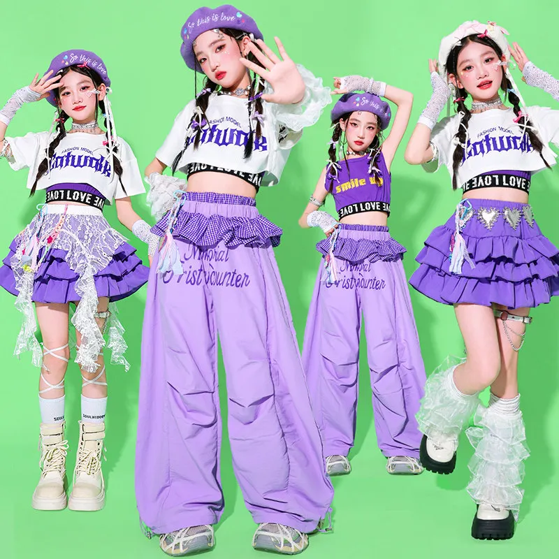 Girls Kpop Purple Crop Top Cargo Pants Dance Skirts Children Lovely Costume Kids Hip Hop Streetwear Jazz Girl Group Clothes Sets
