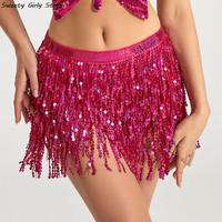 Latin Dance Practice Dress Sequin Belts Women Belly Dance Skirts Performance Clubwear Chain Tassel Bohemian Hip Waist Scarf