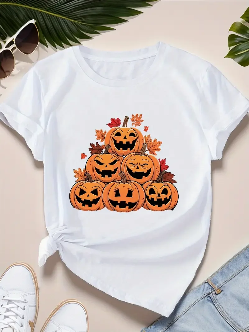 تي شيرت نسائي أبيض بأكمام قصيرة مقاس كبير مع طباعة اليقطين للهالوين، قميص كاجوال احتفالي وممتع