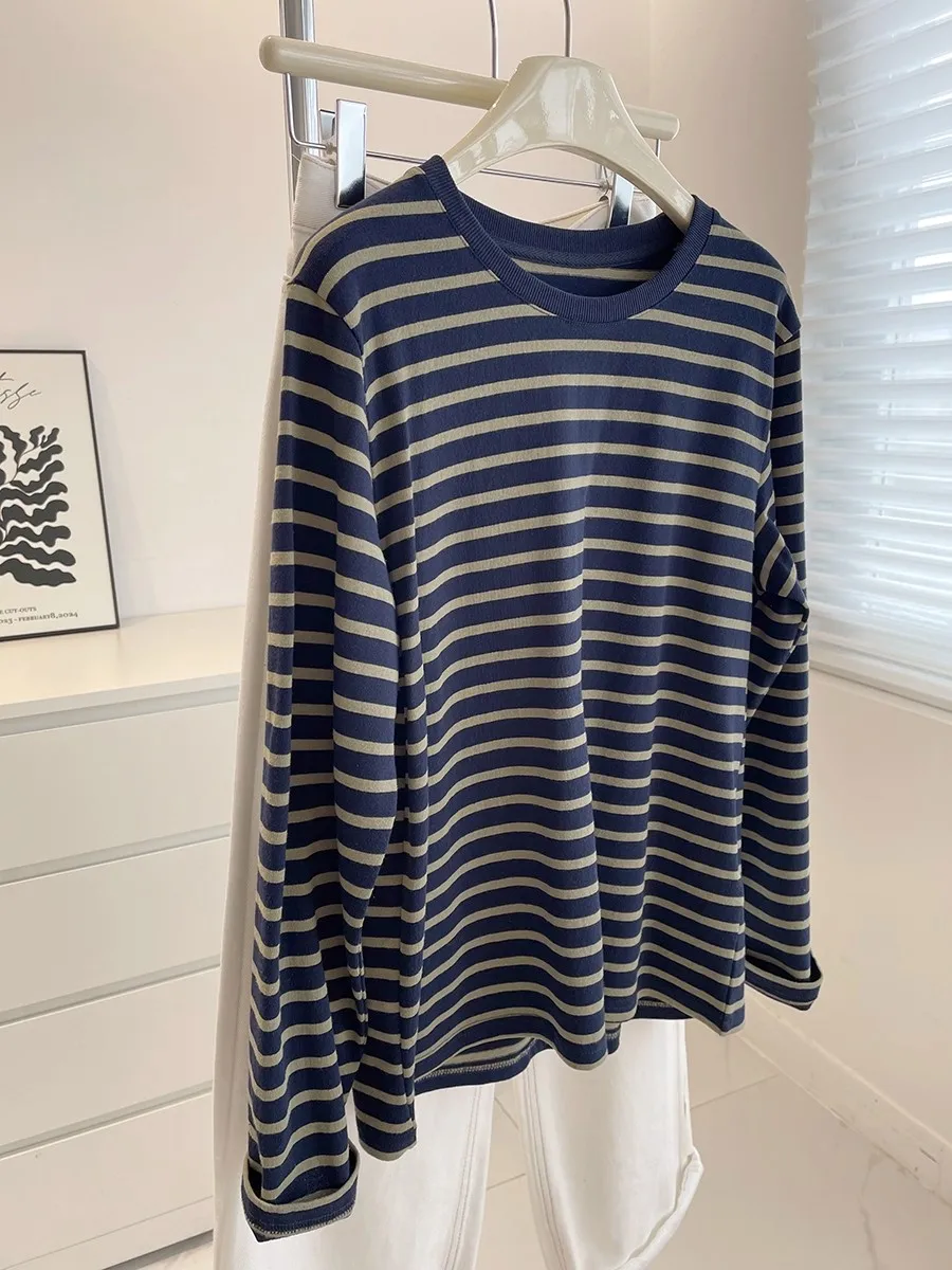 ルーズフィット ロングスリーブ ラウンドネック Tシャツ レディース 春秋 カジュアル 快適 レトロ ミリタリー ストライプ トップス
