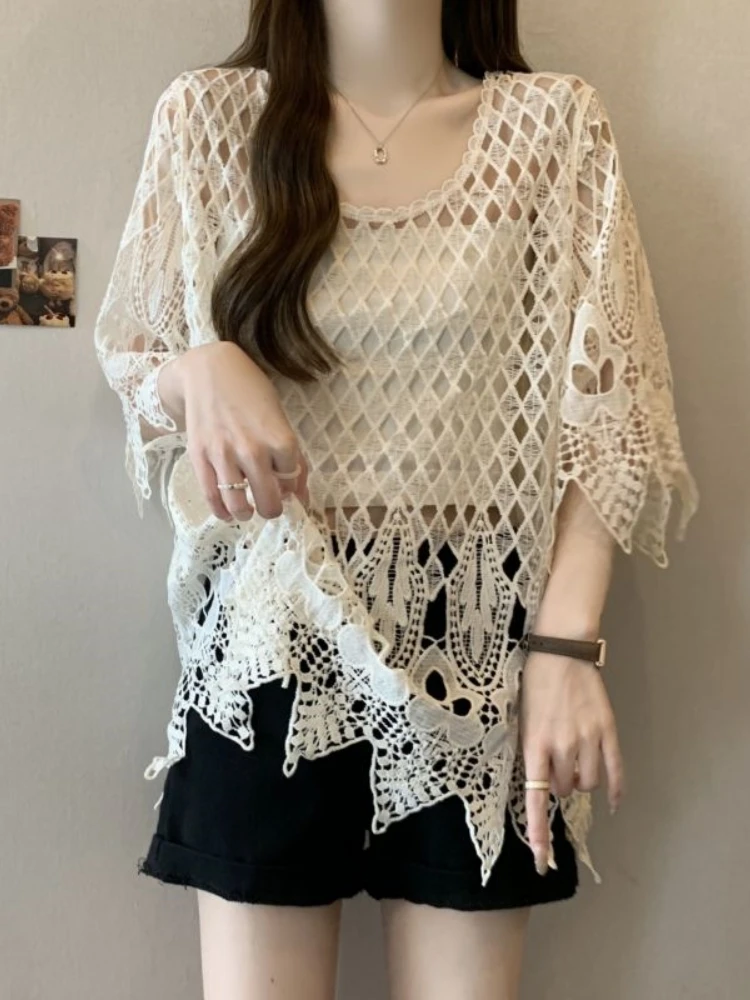 

White Lace Hollow out Summer Lightweight plus Size Women's Cover up Top Slimming Design Half Sleeve T-Shirt Korean Style