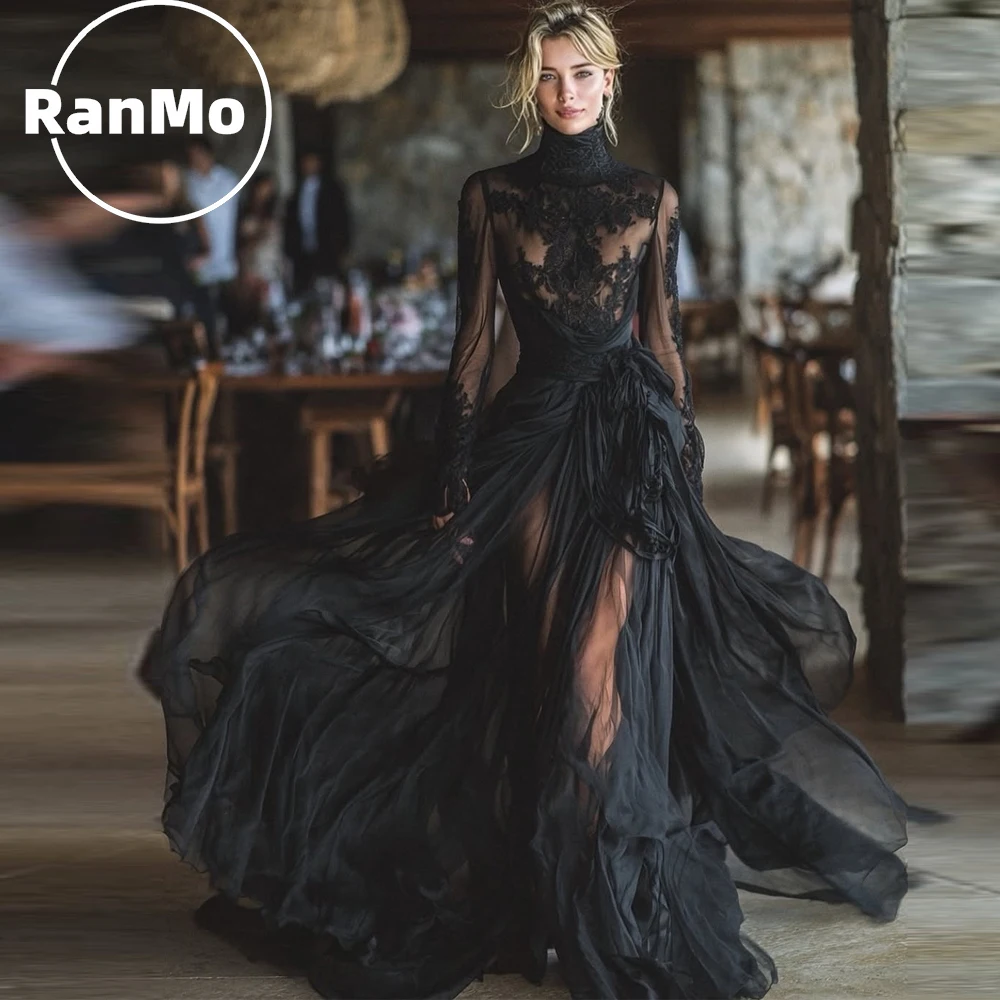 Ranmo Black High Neck Gothic Customised Bridal Gown Dress 2026 Long Sleeve Lace Wedding Applique Multi Layered Corset Ball Gown