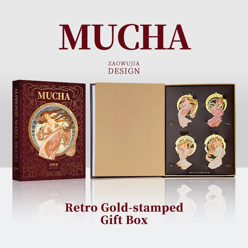 mucha-four-art-イラストアートブックマーク-4-個セット、絶妙な職人技、装飾絵画ブックマーク、ホリデーギフト