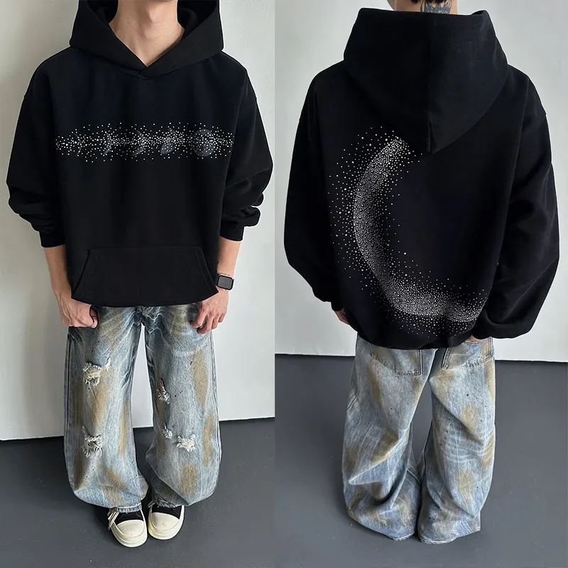 

Американский модный бренд: Блестящая толстовка с капюшоном и стразами, зимняя, класса люкс, с эффектом головного убора, верхняя одежда