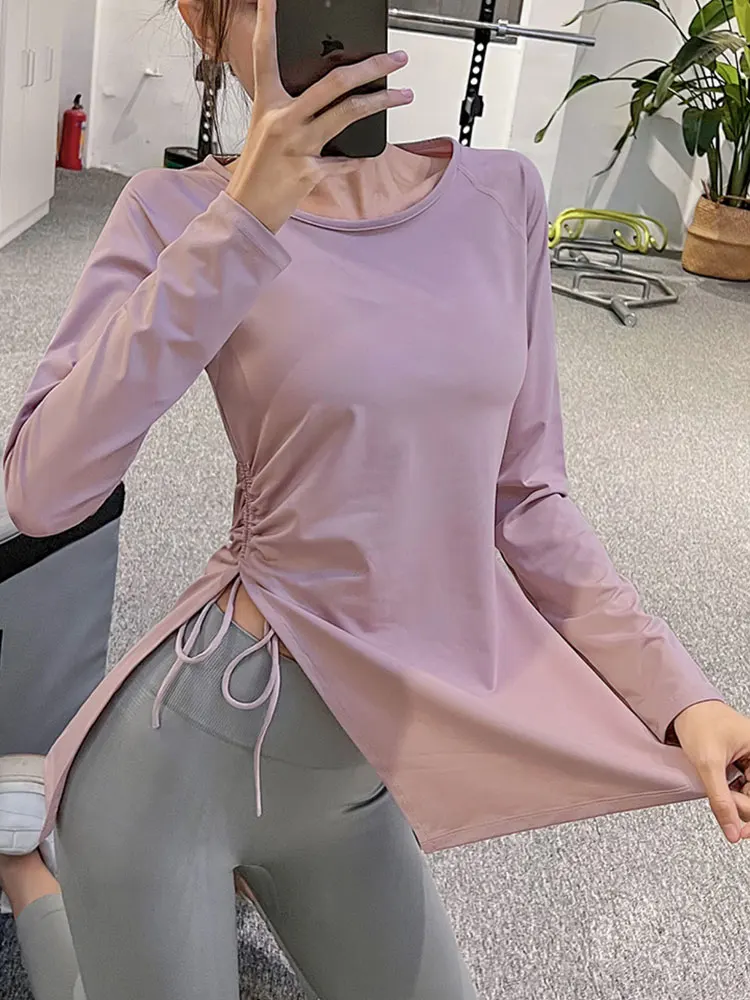 Sports Long Sleeve Shirts Yoga Top Pleated Slit Long Women Pulovers Fitness Loose Blouse Workout Running Quick-drying Gym Outfit