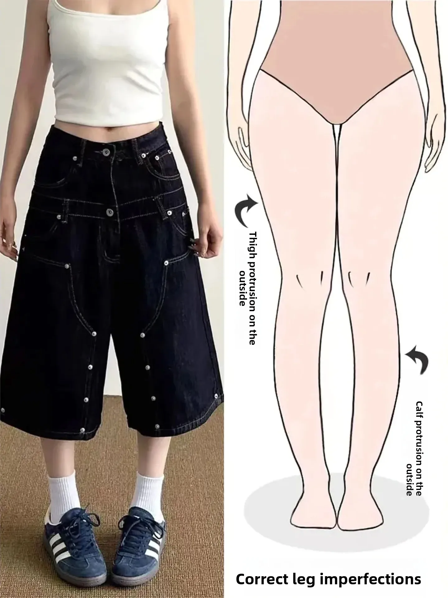 

Джинсы свободного кроя в американском ретро-стиле, укороченные (7/8), женские, летние, новая модель, для фигуры типа «груша», с двойным поясом и декоративными заклепками