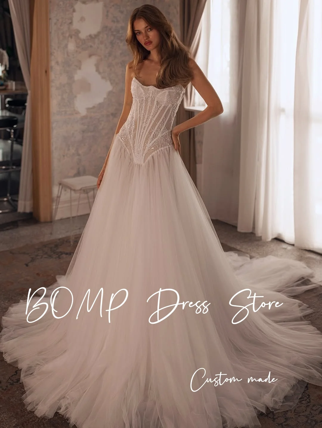 BOMP Vintage Lace Tulle A-Line Abiti da sposa Senza spalline Senza maniche Sweep Train Abiti da sposa Graceful Mariage Personalizzato 2026