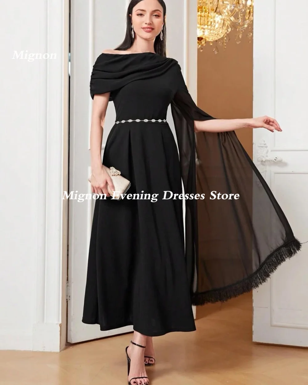 Mignon Satin A-line Square Neckline Prom Gown Ruffle Evening Tea-length Formal Cap Straps Elegant Party Dress for Women 2023