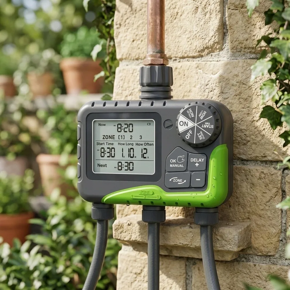 Waterproof 3 Zone Timer with Rain Delay 12H 24H IP65 Rating and Independent Zone Scheduling for Drip Irrigation