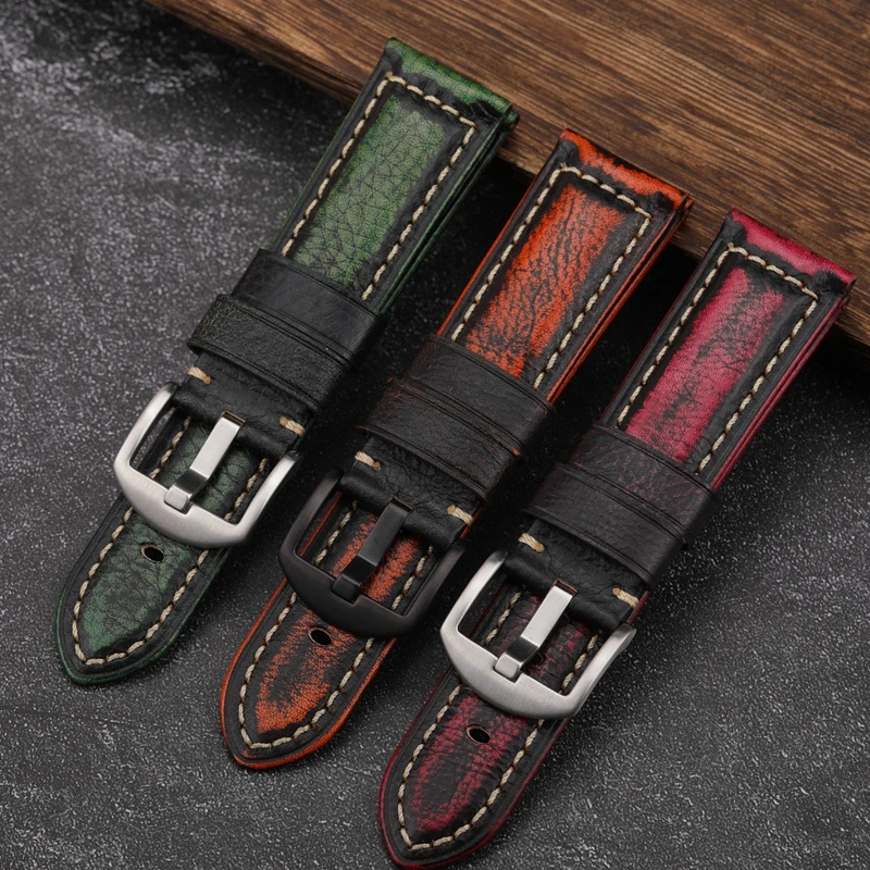 Handmade First Layer Cowhide Leather Strap Vintage Rubbed Color Leather Watchband 22  24MM Vintage Style Men Bracelet For PAM111