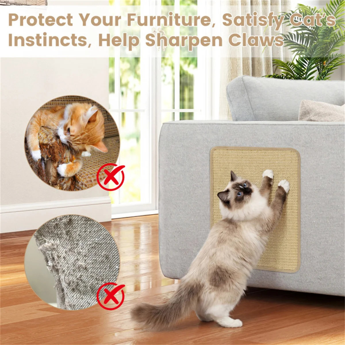6 Pack Natural Sisal Cat Scratching Mats, Non-Slip Latex Backing Cat Scratch Pad with Hook Loop Tapes, Wall Sofa Floor Mountable Furniture Protector for Indoor Kittens Easy Clean - view 2