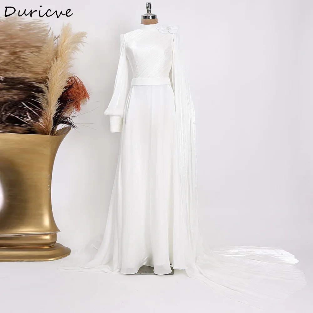 Duricve Customized Muslim Chiffon Pleated Wedding Dresses A-Line 3D Flowers Long Sleeves High Neck Modest Bridal Gowns Vestido